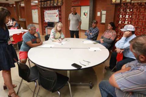Superintendent Deena Hilbig, left, listens during the small group discussion Aug. 26. The school district held a community meeting so residents could learn about proposed needs from the needs assessment, completed by Topeka-based HTK Architects. KAREN BON